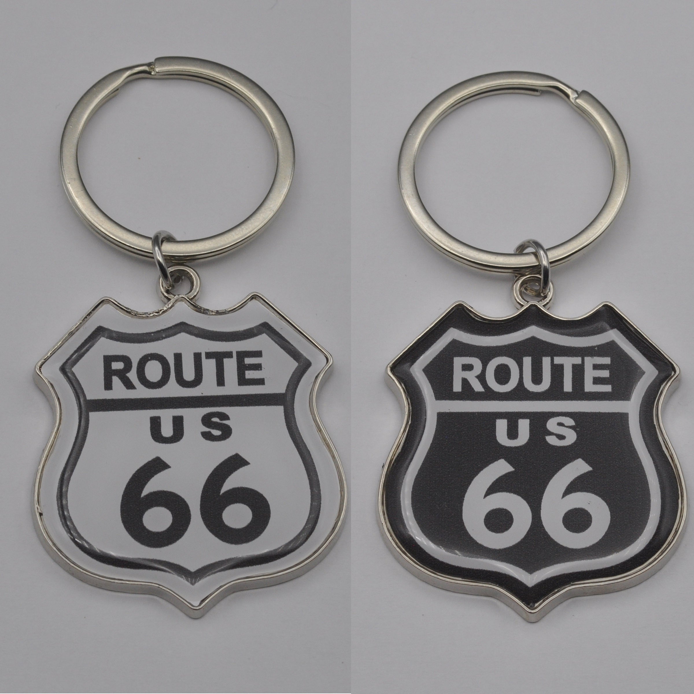 Route 66 Epoxy Domed Keychain Nickel Plated