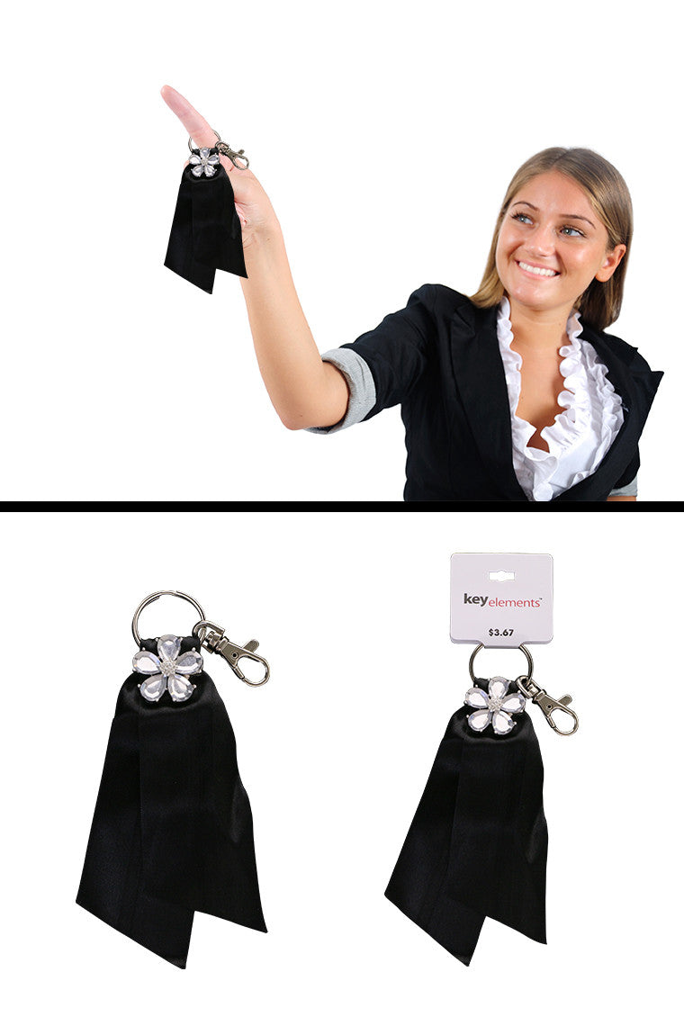 Black Ribbon Keychain With Flower Accent KEKC4395